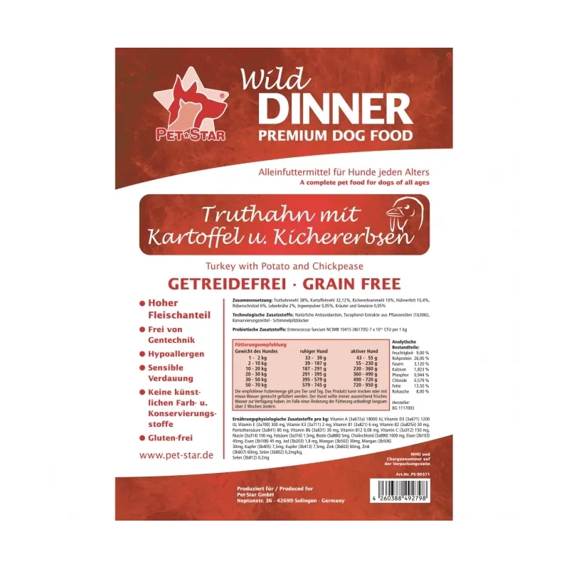 Hundetrockenfutter Wild Dinner Truthahn - Getreidefrei - 12 kg...